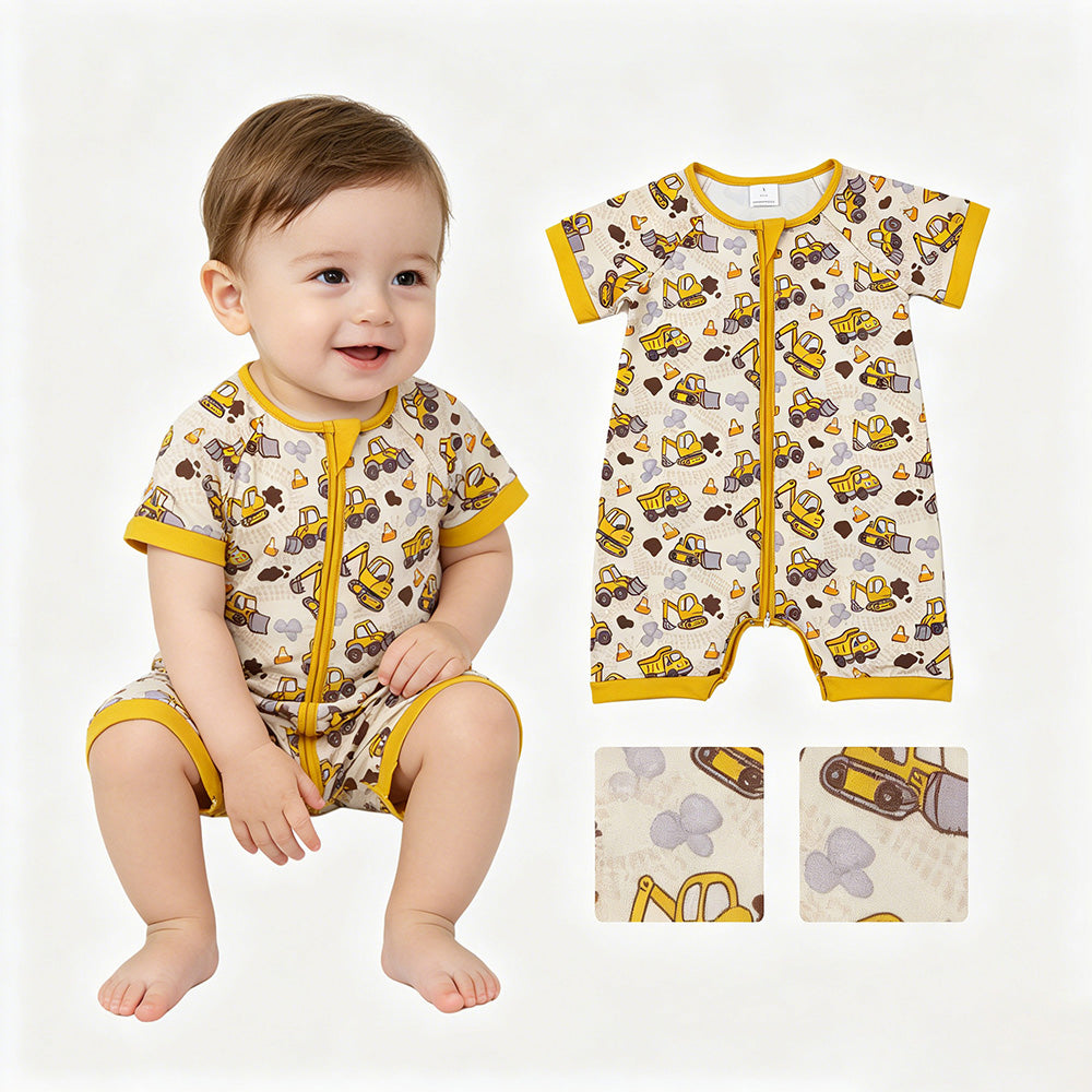 Construction Trucks Yellow Print Baby Boys Romper Polo Top Brothers Summer Wear