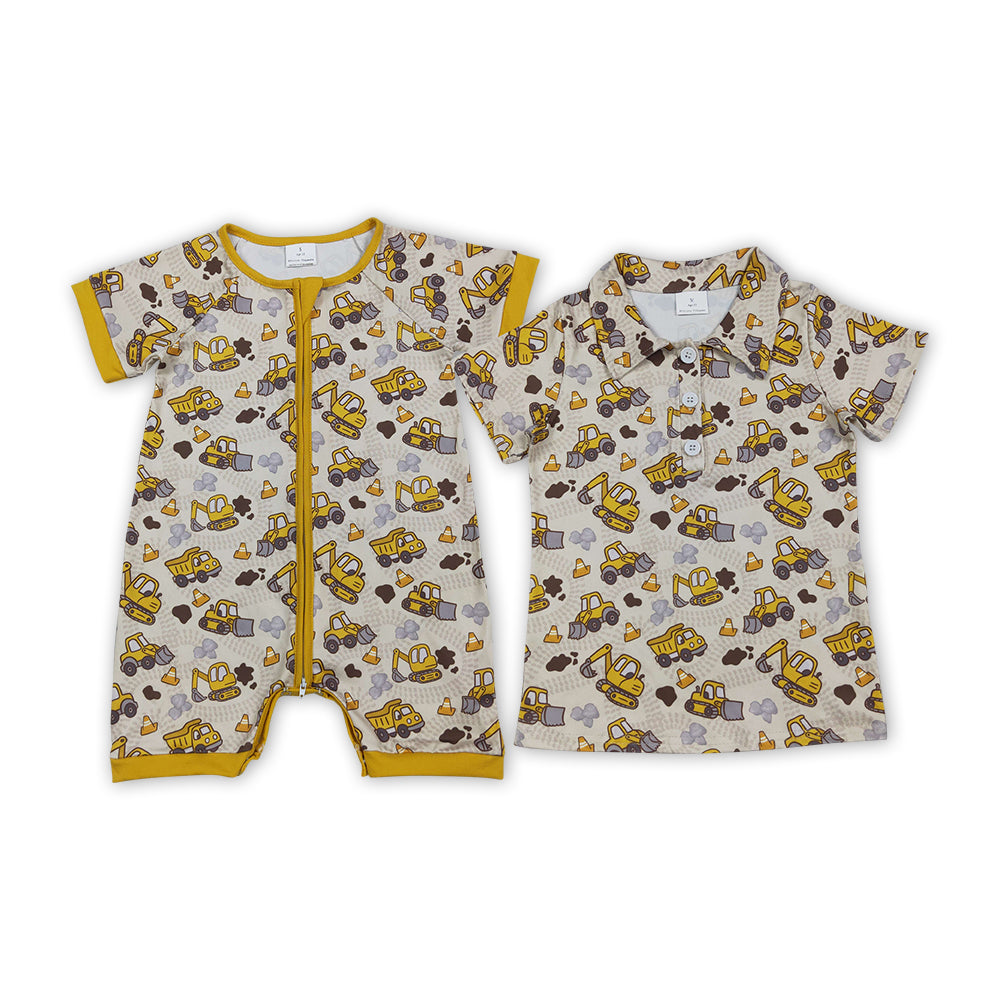 Construction Trucks Yellow Print Baby Boys Romper Polo Top Brothers Summer Wear