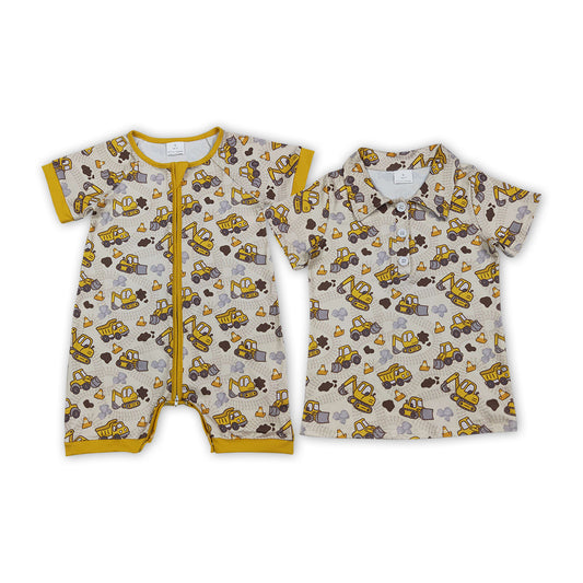 Construction Trucks Yellow Print Baby Boys Romper Polo Top Brothers Summer Wear