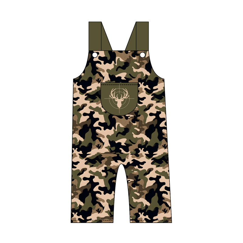 4.21 Toddler Boys Deer Hunting Overalls Camo Print Ruffle Hem Jumpsuit Preorder