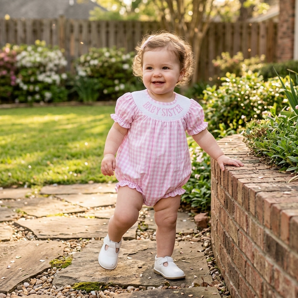 Baby Brother Baby Sister Siblinbg Gingham Smocked Bubble Romper
