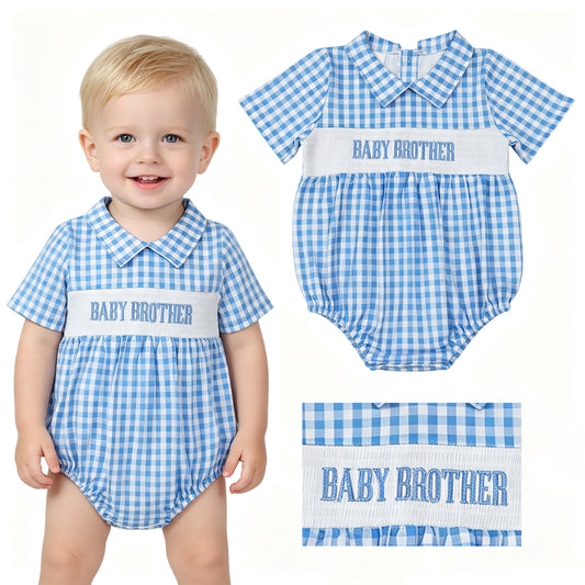 SR4231 Baby Brother Embroidery Blue Checkered Baby Boys Summer Buttons Smocked Romper