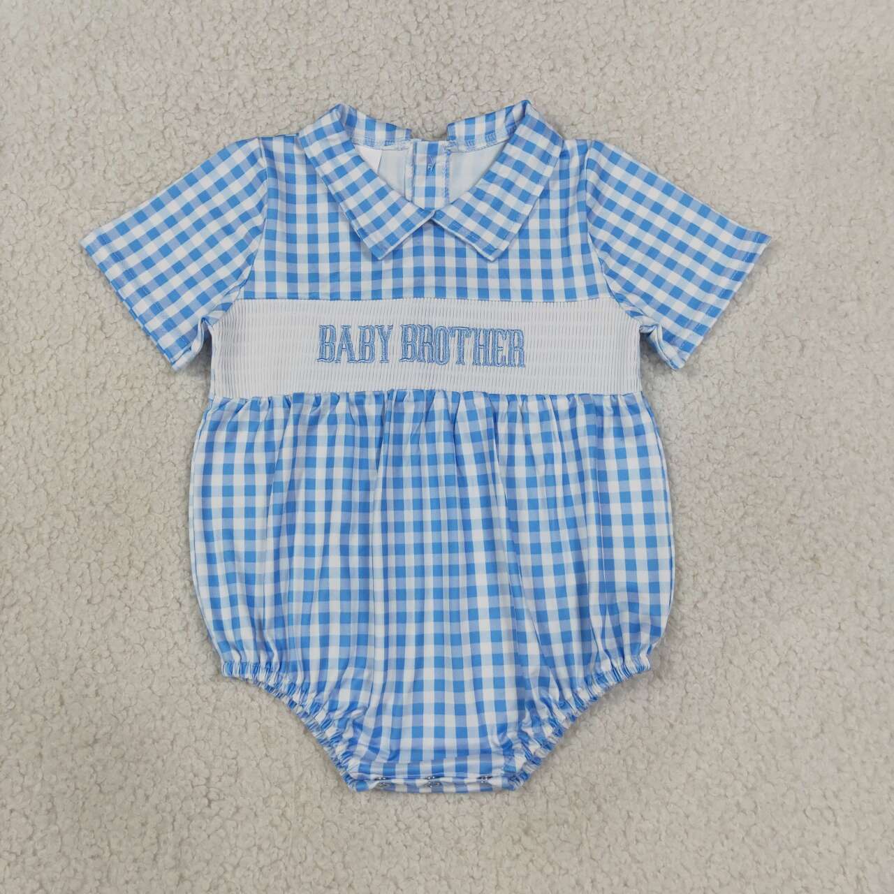 SR4231 Baby Brother Embroidery Blue Checkered Baby Boys Summer Buttons Smocked Romper