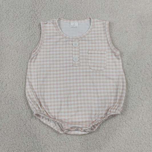 SR4233 Khaki Checkerd Baby Boys Sleeveless Bubble Pocket Romper