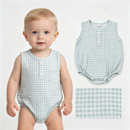 SR4234 Light Green Checkerd Baby Boys Sleeveless Bubble Pocket Romper
