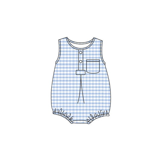 4.24 Baby Boy Blue Gingham Sleeveless Bubble Romper With Pocket Preorder