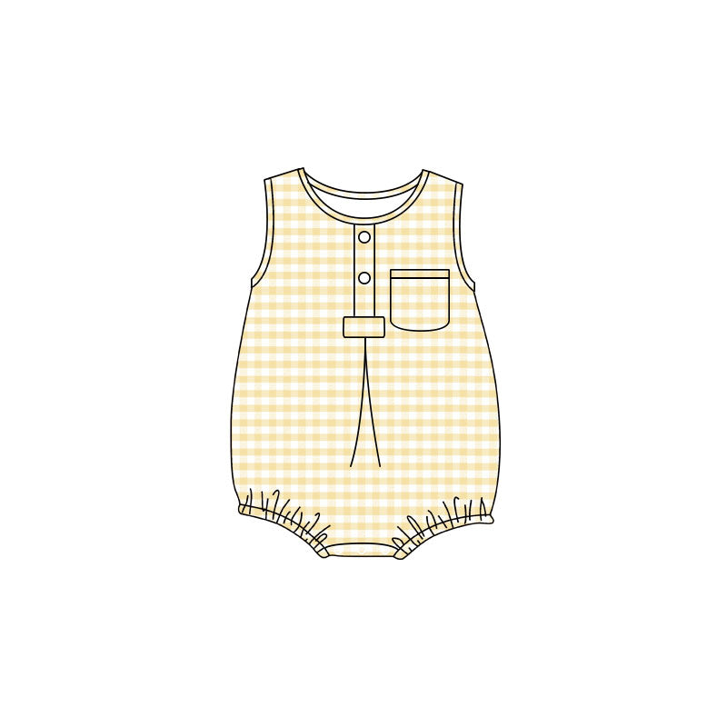 4.24 Baby Boy Yellow Gingham Sleeveless Bubble Romper With Pocket Preorder