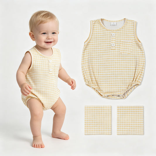 SR4236 Yellow Checkerd Baby Boys Sleeveless Bubble Pocket Romper
