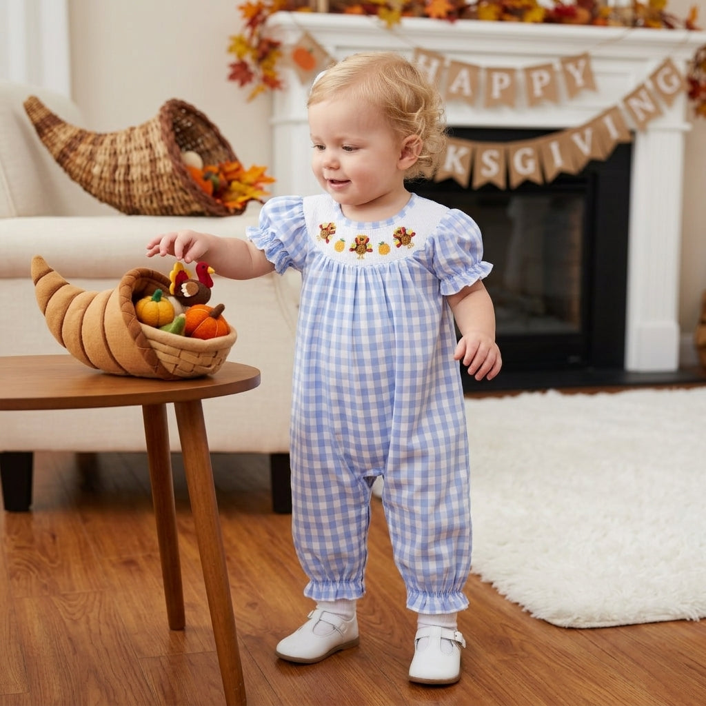 SR4276 Turkey Pumpkin Embroidery Blue Checkered Print Baby Girls Thanksgiving Smocked Romper