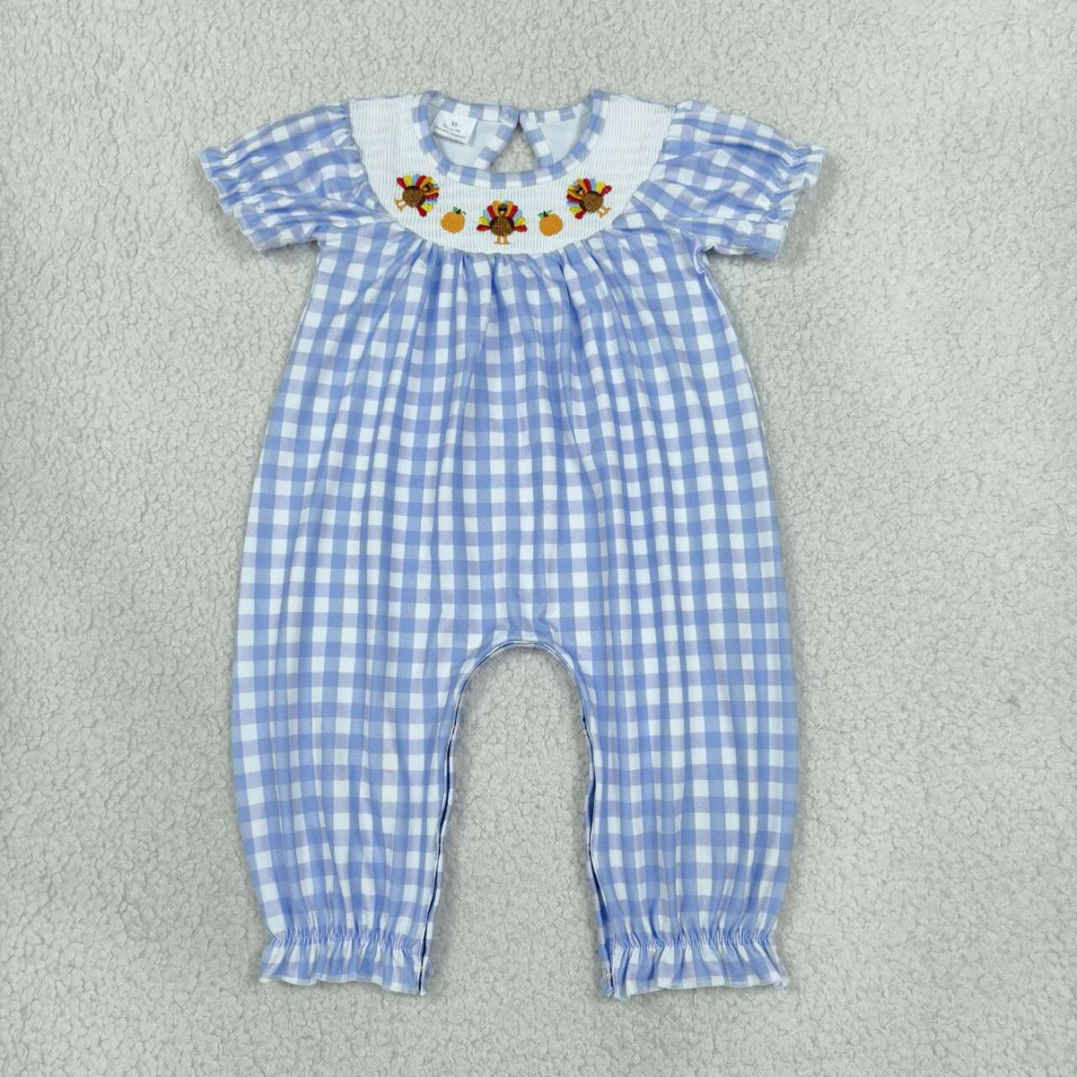 SR4276 Turkey Pumpkin Embroidery Blue Checkered Print Baby Girls Thanksgiving Smocked Romper