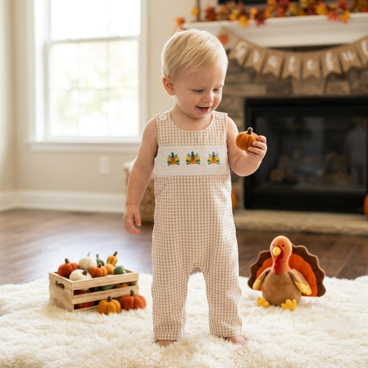 SR4277 Turkey Embroidery Plaid Print Baby Boys Thanksgiving Sleeveless Pockets Romper