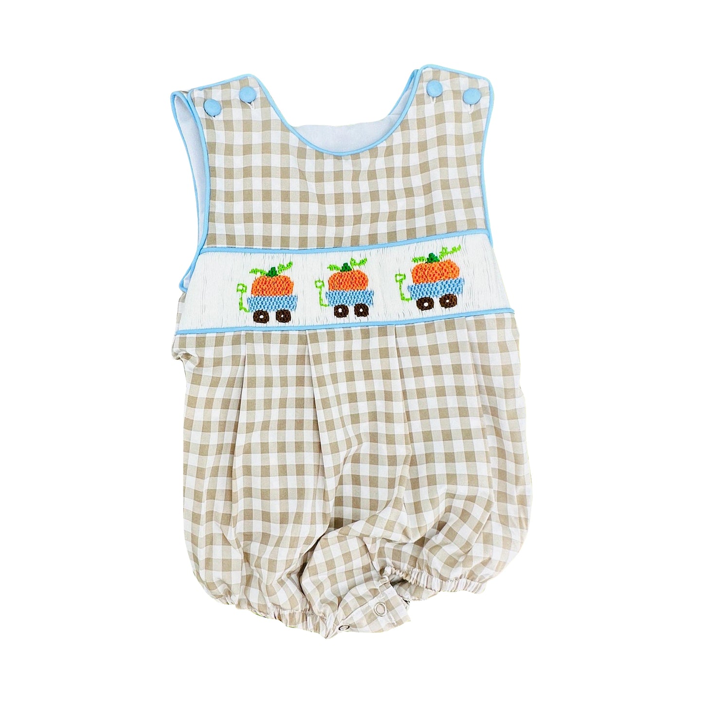 5.29   Preorder Baby Boys  Pumpkin Truck Gingham Bubble Romper