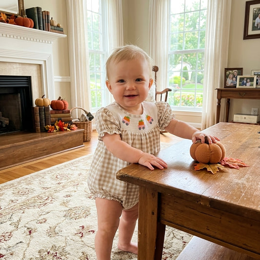 SR4280 Pumpkin Truck Embroidery Gingham Baby Girls Bubble Smocked Romper
