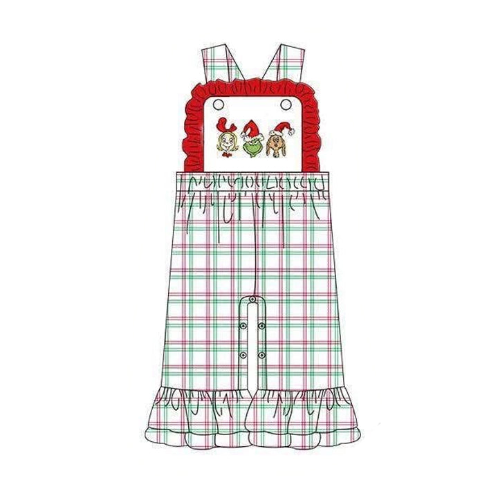 6.29 SR4282 Preorder Green Frog Plaid Baby Girls Strap Christmas Jumpsuits