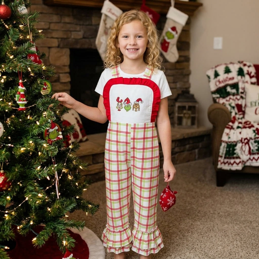 SR4282 Green Frog Embroidery Checkered Print Baby Girls Strap Christmas Jumpsuits