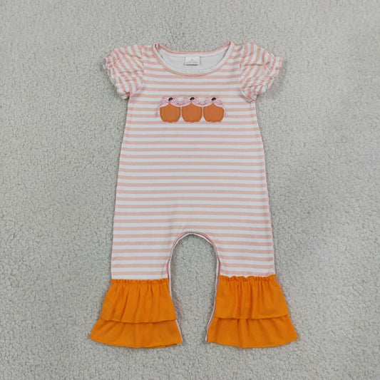 SR4284 Pumpkin Embroidery Pink Stripes Print Baby Girls Fall Ruffle Romper