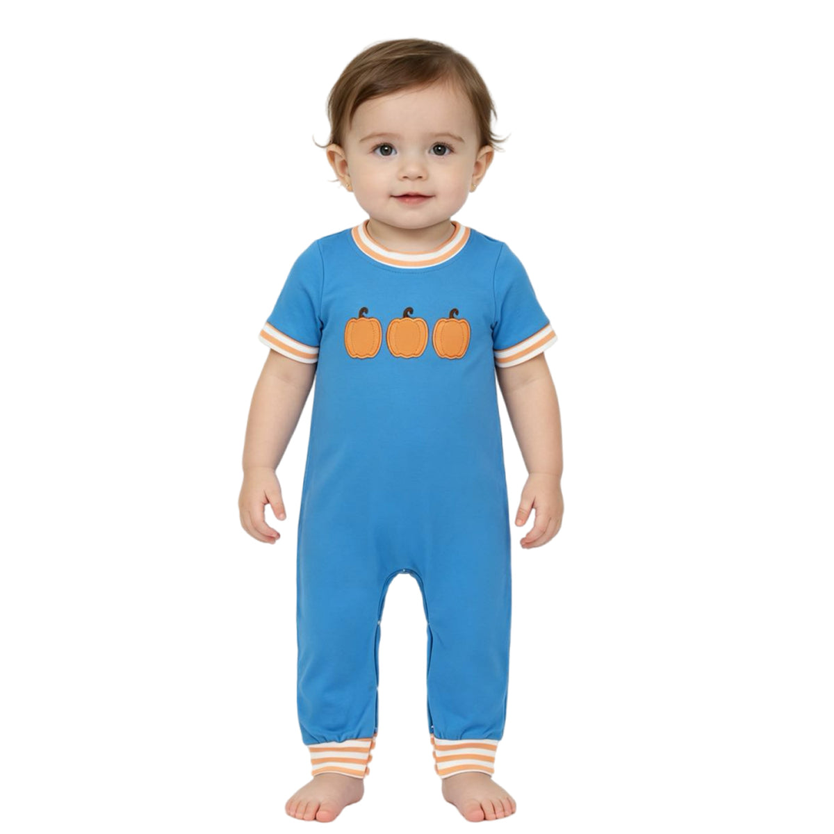 SR4285 Pumpkin Embroidery Orange Stripes Blue Color Baby Boys Fall Romper