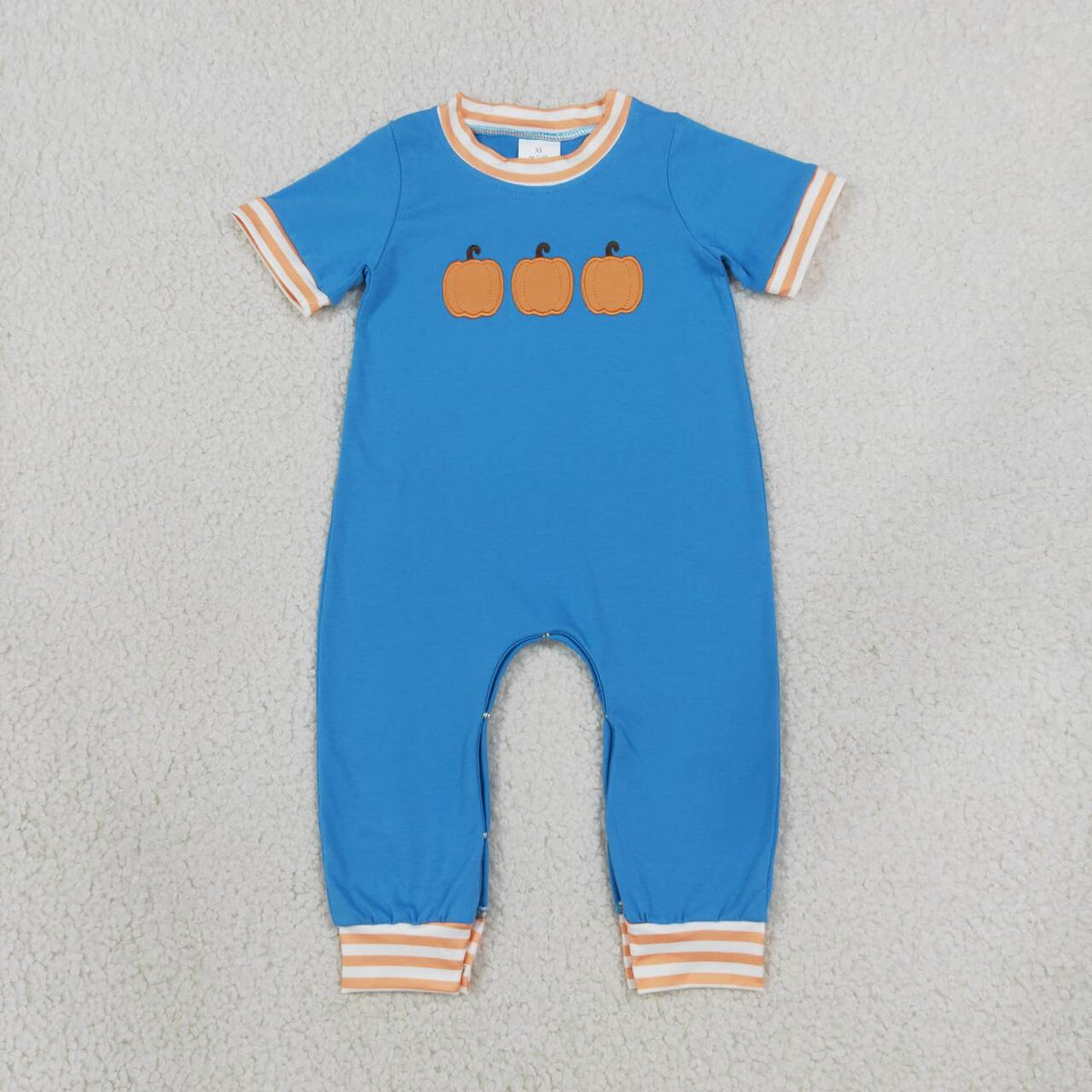 SR4285 Pumpkin Embroidery Orange Stripes Blue Color Baby Boys Fall Romper