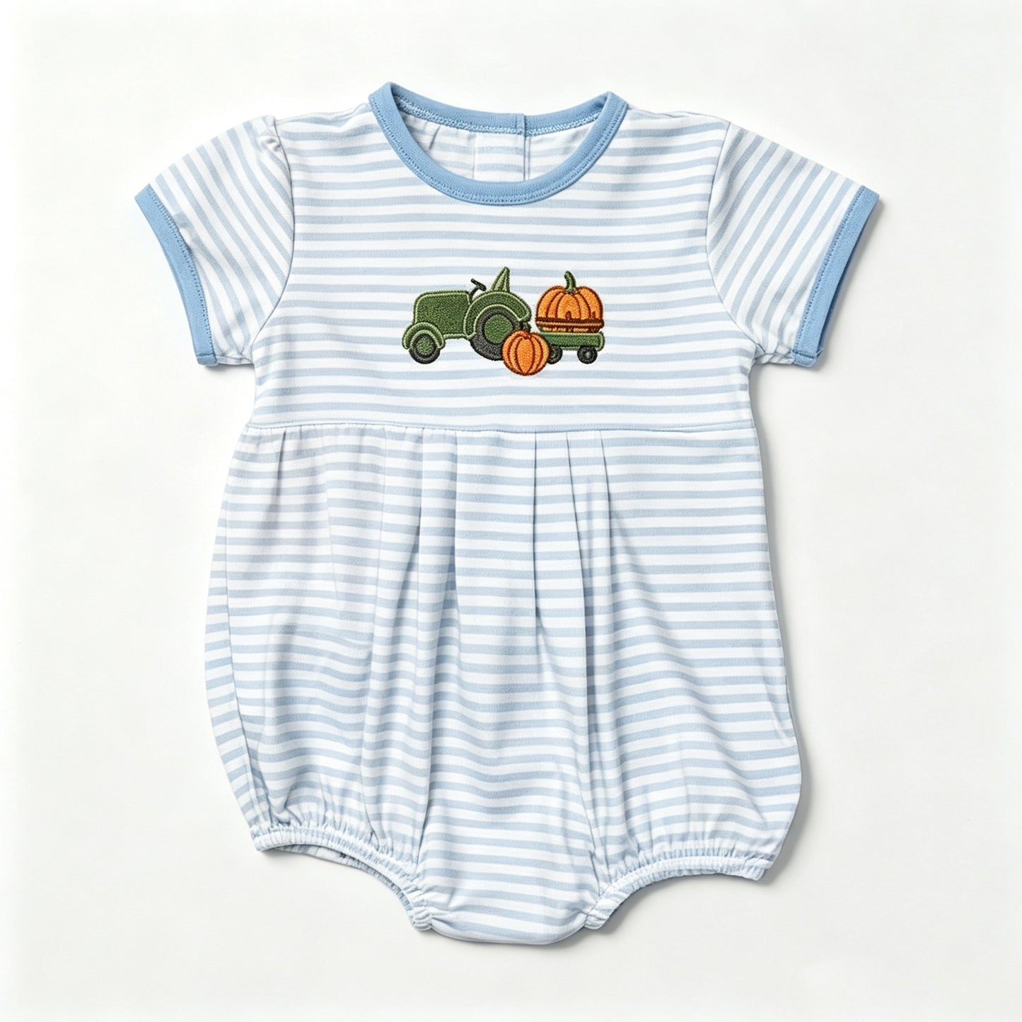 7.11 Preorder Baby Boys Pumpkin Truck Blue Strtiped Bubble Romper
