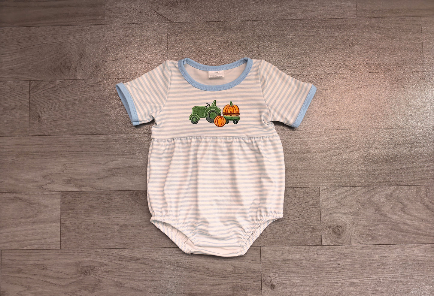 7.11 Preorder Baby Boys Pumpkin Truck Blue Strtiped Bubble Romper