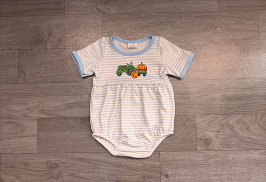 7.11 Preorder Baby Boys Pumpkin Truck Blue Strtiped Bubble Romper