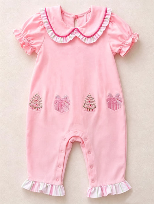 7.24 SR4288 Preorder Christmas Tree Gifts Pink Print Baby Girls Doll Collar Romper