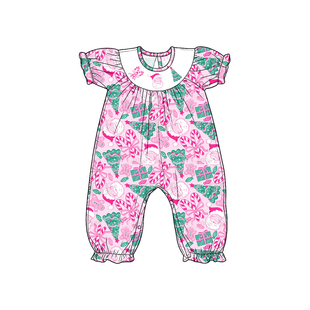 8.15 SR4289 Preorder Santa Candy Cane Tree Pink Print Baby Girls Christmas Romper