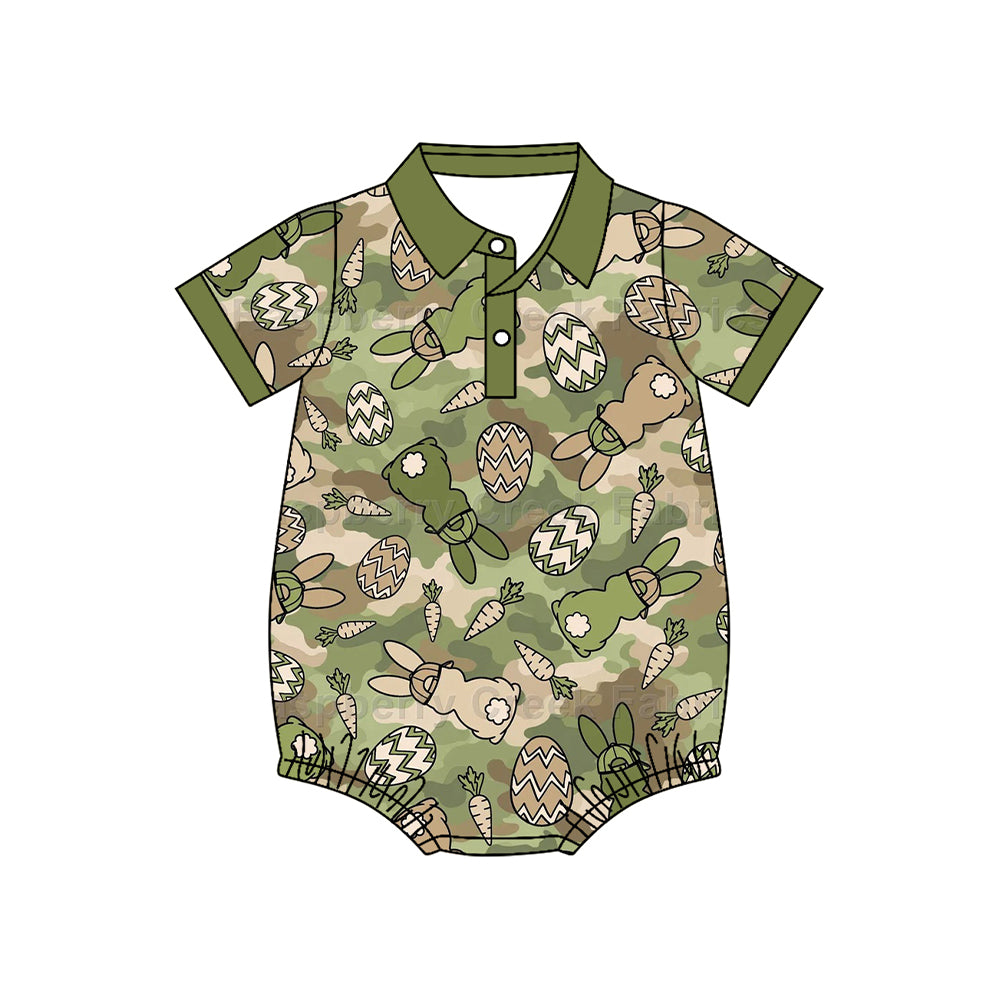 8.19 SR4291 Preorder Bunny Eggs Camo Print Baby Boys Easter Romper