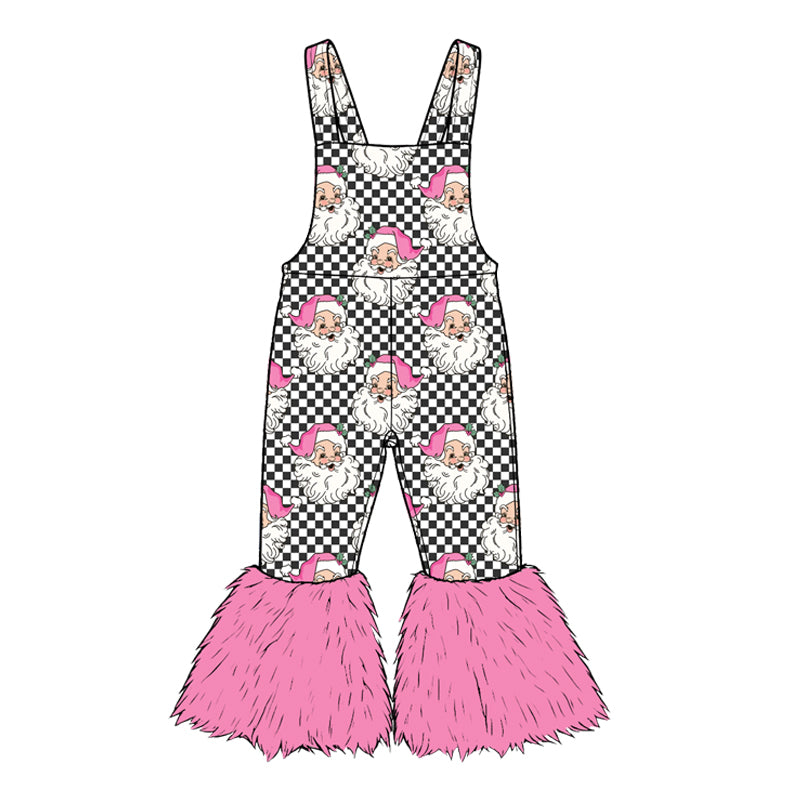 8.22 SR4292 Preorder Santa Checkered Print Girls Christmas Pink Fur Suspender Bell Bottom Pants Overalls Jumpsuits