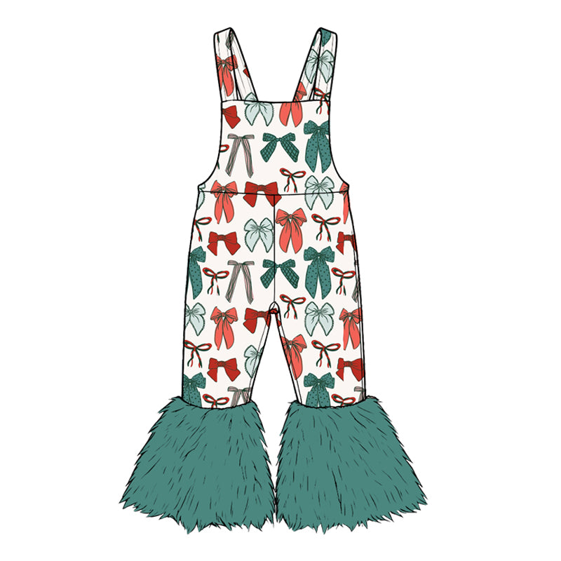 8.22 SR4293 Preorder Bows Print Girls Christmas Green Fur Suspender Bell Bottom Pants Overalls Jumpsuits