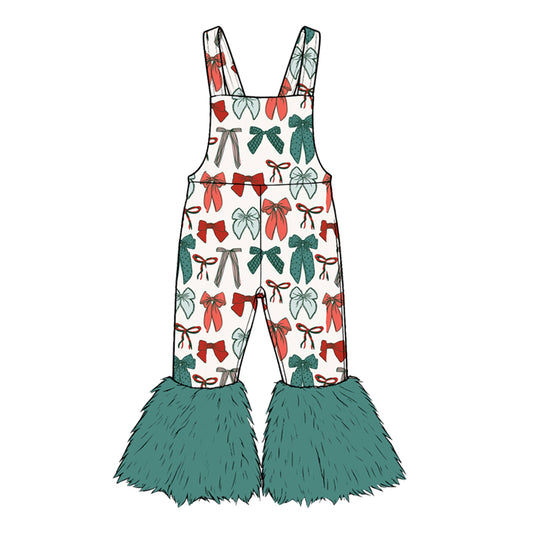 8.22 SR4293 Preorder Bows Print Girls Christmas Green Fur Suspender Bell Bottom Pants Overalls Jumpsuits
