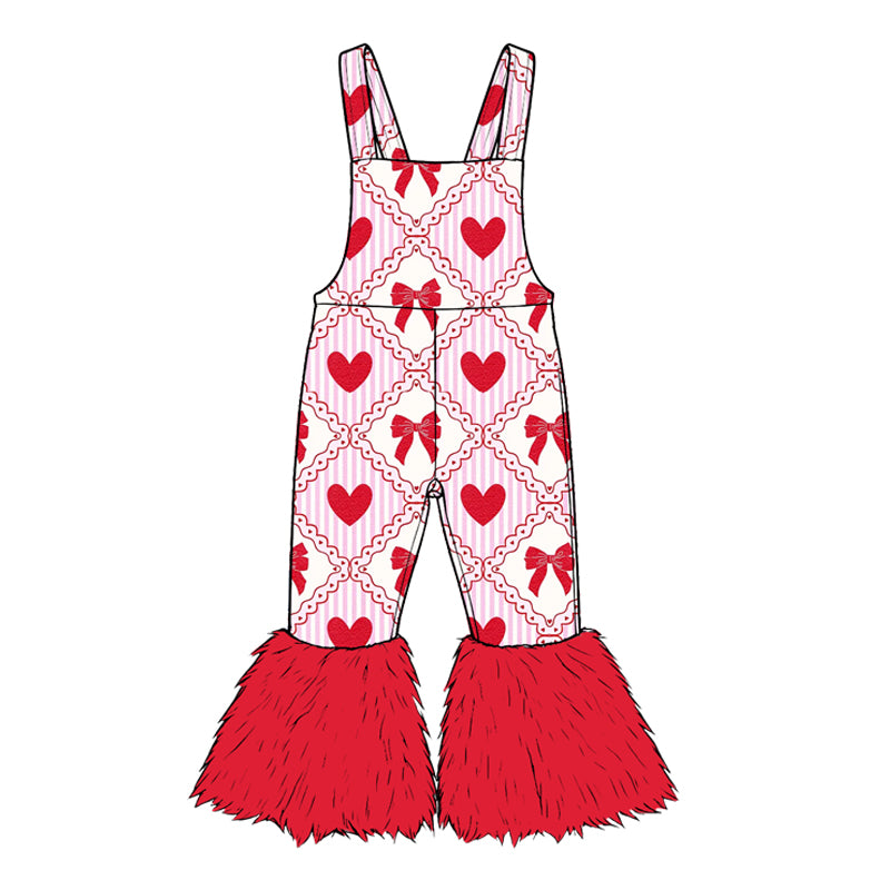 8.22 SR4295 Preorder Red Bows Hearts Print Girls Valentine's Day Fur Suspender Bell Bottom Pants Overalls Jumpsuits