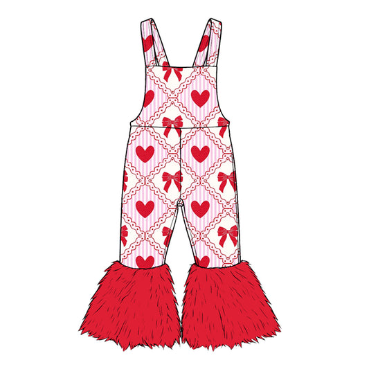 8.22 SR4295 Preorder Red Bows Hearts Print Girls Valentine's Day Fur Suspender Bell Bottom Pants Overalls Jumpsuits