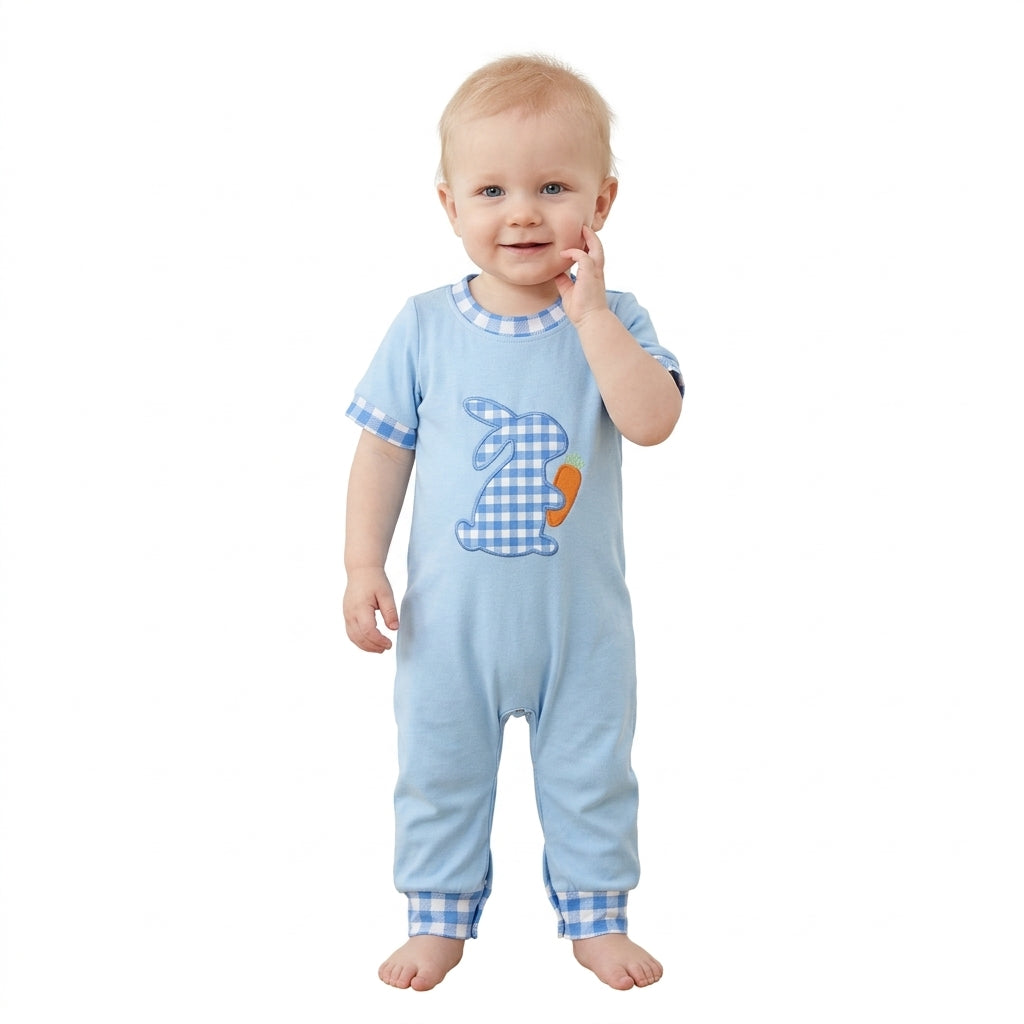 SR4297 Bunny Carrot Embroidery Blue Checkered Print Baby Boys Easter Romper