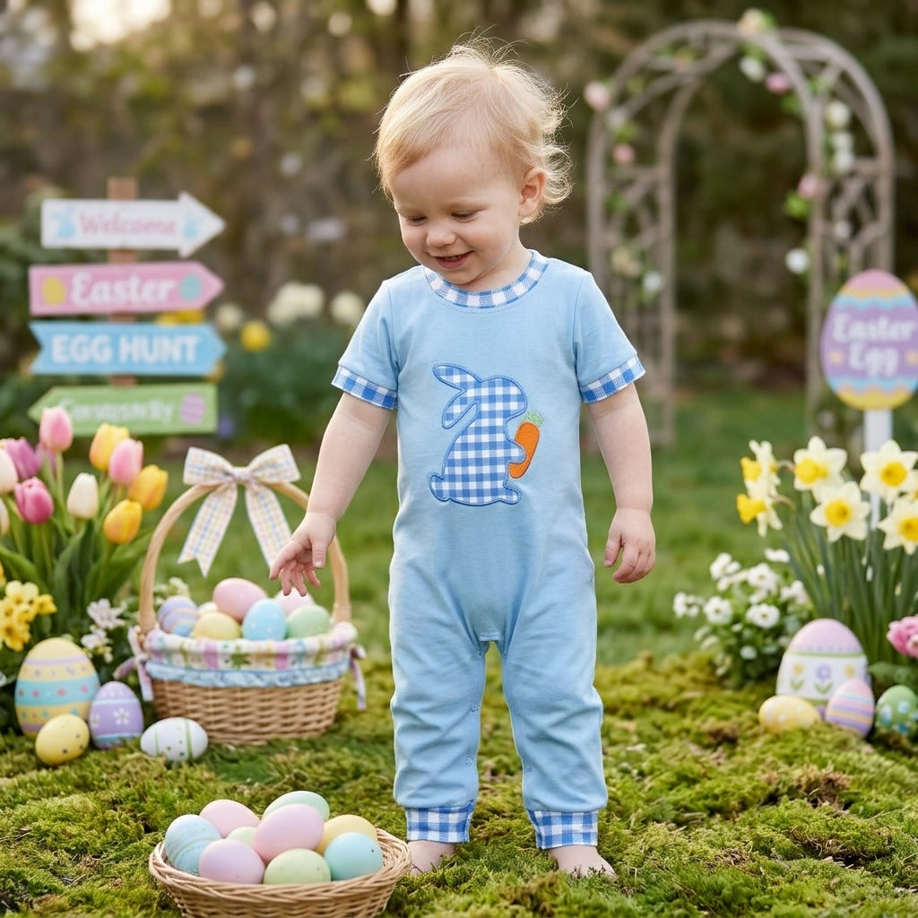 SR4297 Bunny Carrot Embroidery Blue Checkered Print Baby Boys Easter Romper