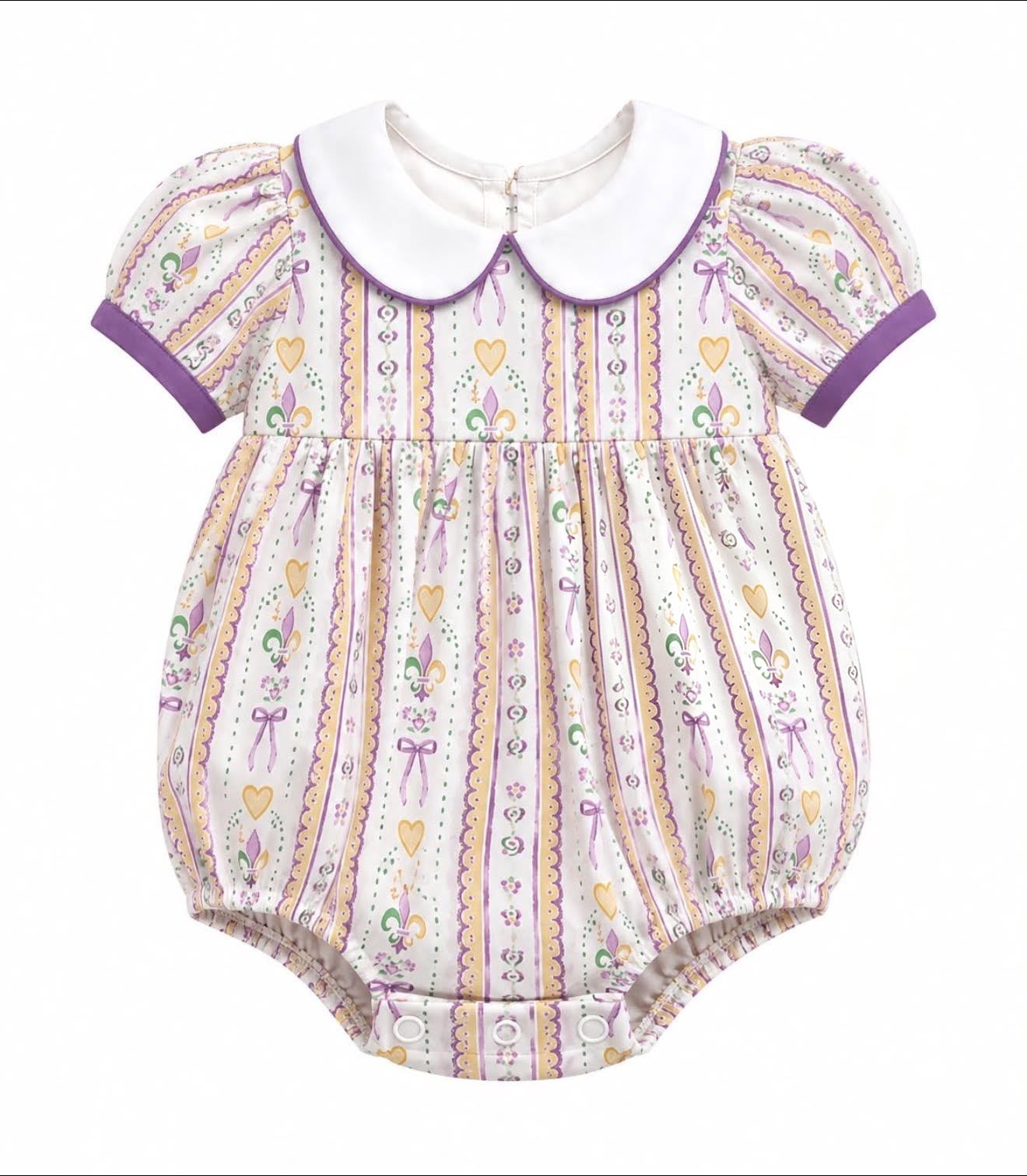 9.1 SR4302 Preorder Baby Girls Mardi Gras Peter Pan Collar Bubble Romper
