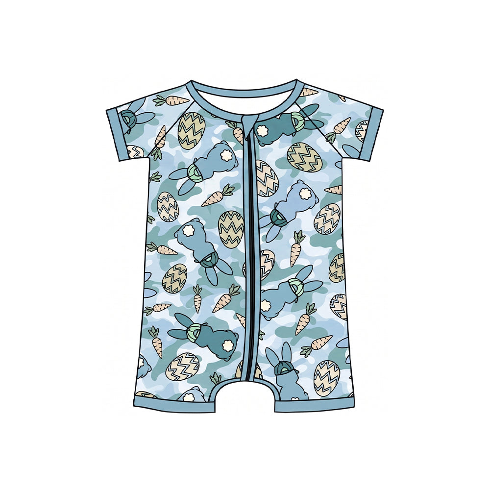 9.3 SR4306 Preorder Bunny Eggs Carrots Camo Print Baby Boys Easter Zipper Sleeper Romper