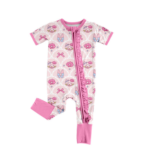 9.4 SR4309 Preorder Bunny Ears Bows Flowers Print Baby Girls Easter Zipper Sleeper Romper