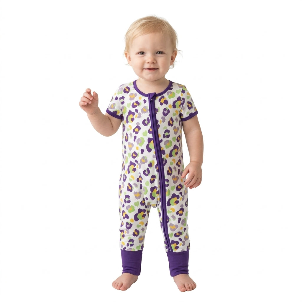 SR4312 Purple Leopard Print Baby Girls Mardi Gras Zipper Sleeper Romper