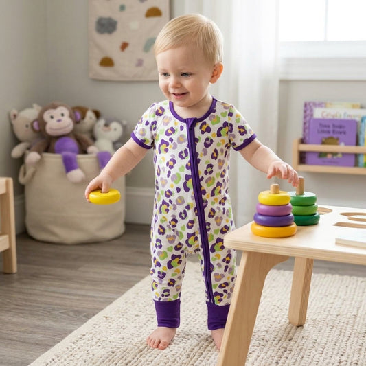 Purple Leopard Print Baby Girls Mardi Gras Zipper Sleeper Romper