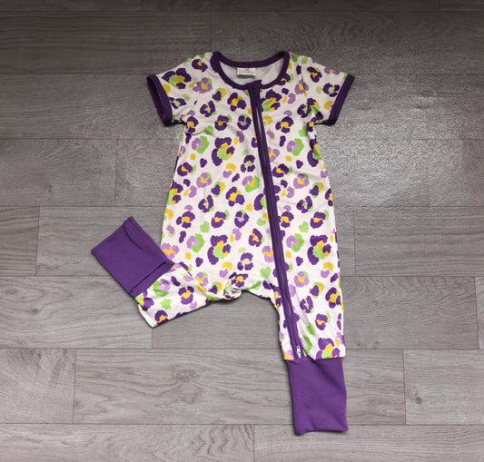 9.5 SR4312 Preorder Purple Leopard Print Baby Girls Mardi Gras Zipper Sleeper Romper
