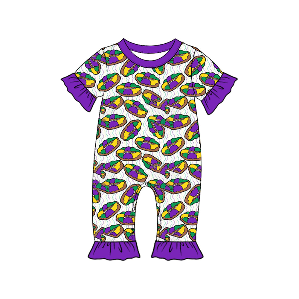 9.10  SR4315 Preorder  Mardi Gras  King Cake Ruffle Sleeve Romper