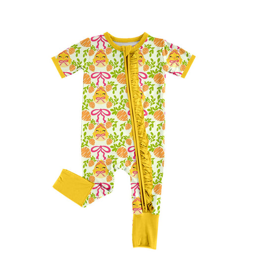 9.25 SR4330 Preorder Baby Girls Easter Chicken Floral Zipper Short Sleeve Romper