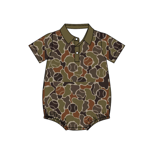 9.30 SR4331 Preorder  Baby Boys Baseball Camo Short Sleeve Shirt Romper