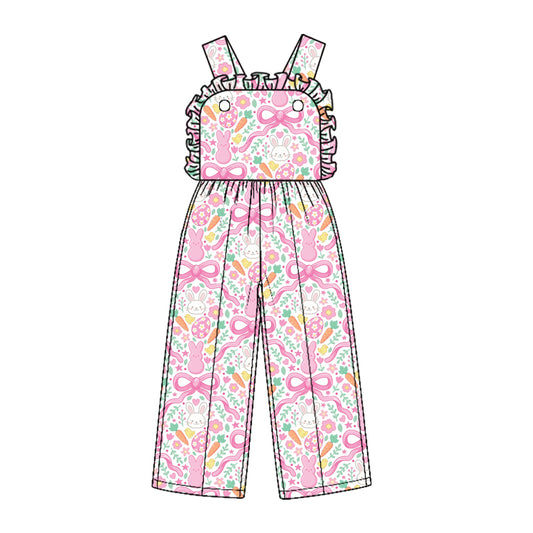 10.1 Preorder SR4335 Kids Girls Easter Bunny Eggs Pink Bow Overall Jumpsuit