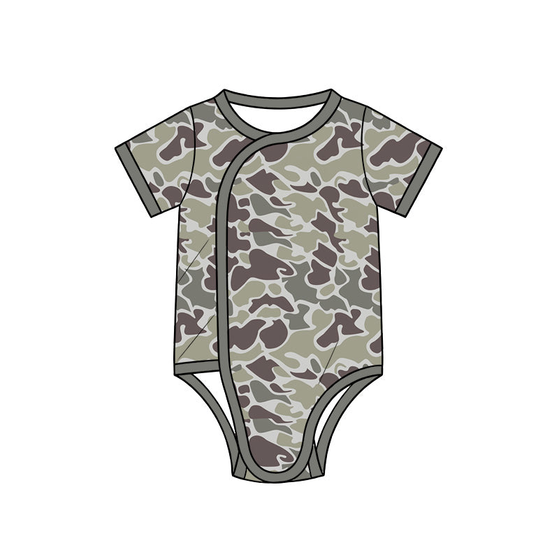 10.13 SR4347 Preorder Dark Brown Camo Print Baby Short Sleeve Side‑Snap Wrap Romper