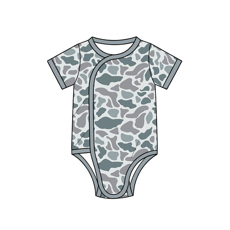 10.13 SR4348 Preorder Grey Camo Print Baby Short Sleeve Side‑Snap Wrap Romper