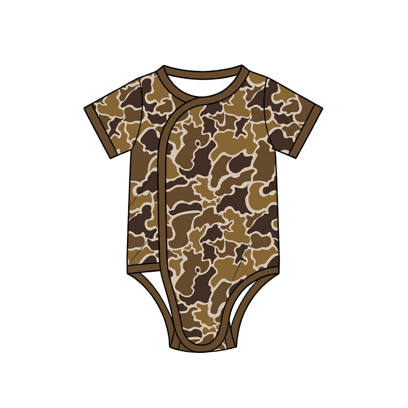 10.13 SR4352 Preorder Brown Camo Print Baby Short Sleeve Side‑Snap Wrap Romper