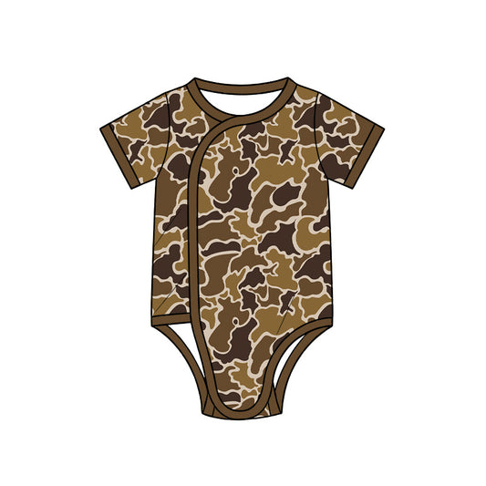 10.13 SR4352 Preorder Brown Camo Print Baby Short Sleeve Side‑Snap Wrap Romper