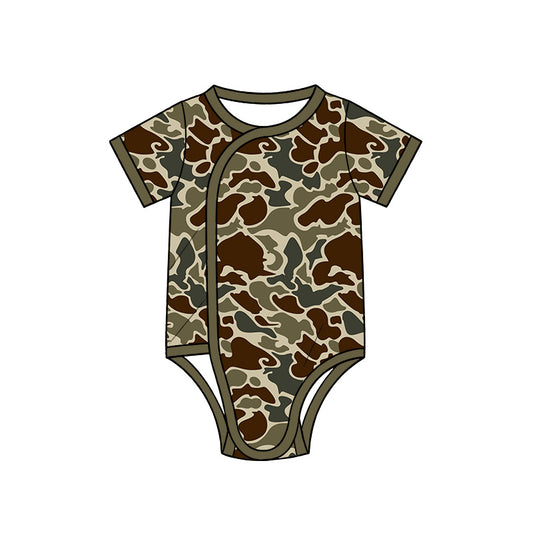 10.13 SR4355 Preorder Brown Camo Print Baby Short Sleeve Side‑Snap Wrap Romper